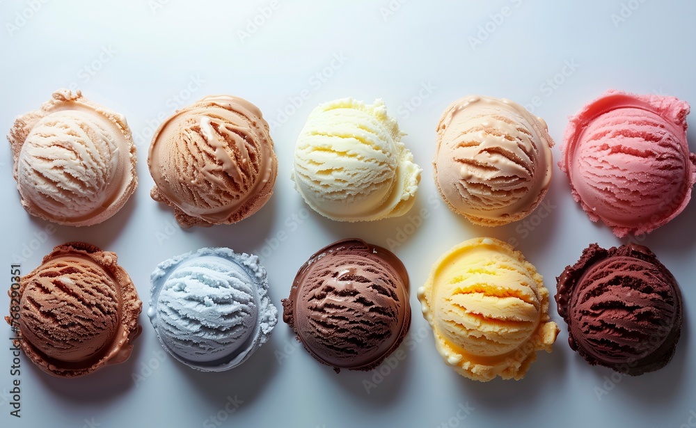 Vibrant and delightful assortment of ice cream cones and dishes, each topped with colorful sprinkles and drizzles, arranged neatly on a wooden table. Vibrant and delightful assortment of ice cream cones and dishes, each topped with colorful sprinkles and drizzles, arranged neatly on a wooden table.