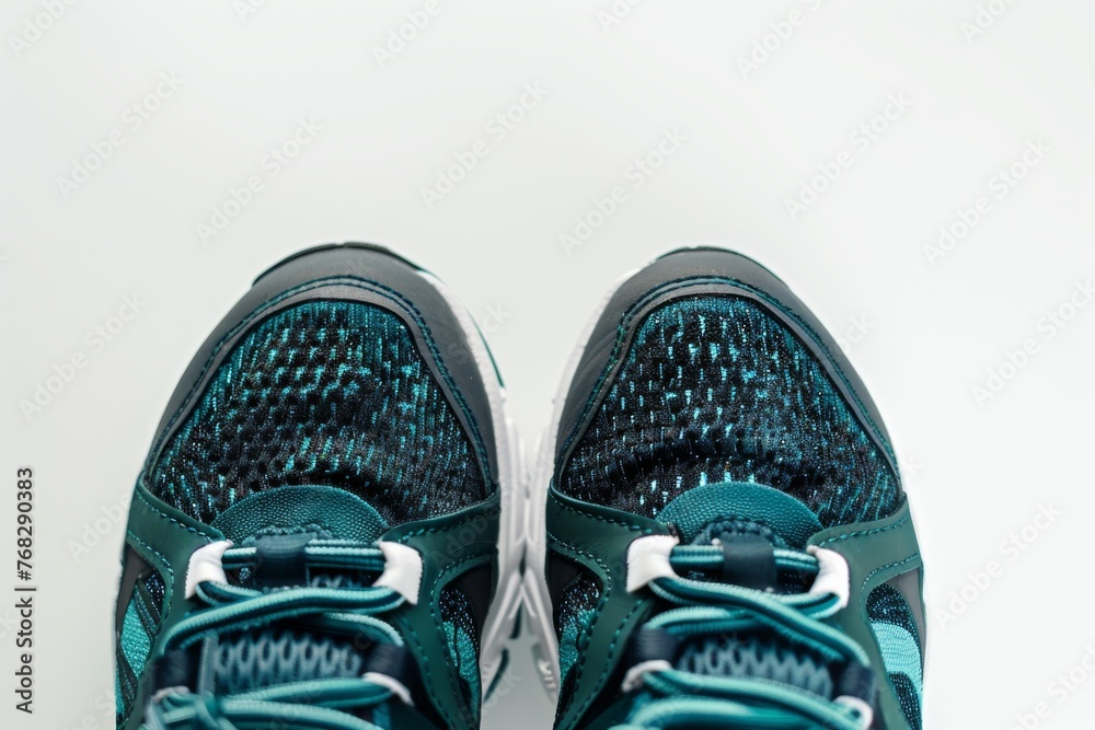 A pair of modern running shoes with a focus on the laces and fabric texture on a white background