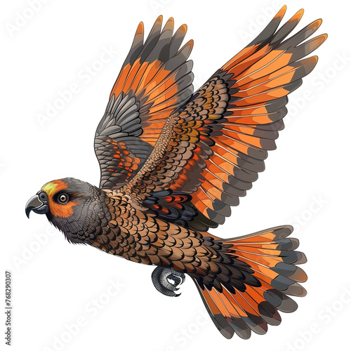 Flying grey brown, orange Kākā vector, long hook  white background.