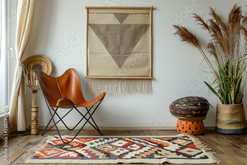 Room with Southwestern flair, leather chair, Navajo rug, desert elements, and white frame mockup.