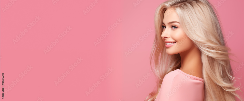 Portrait of a Smiling Young Woman in Pink Dress on Pink Background with Copy Space Portrait of a Smiling Young Woman in Pink Dress on Pink Background with Copy Space