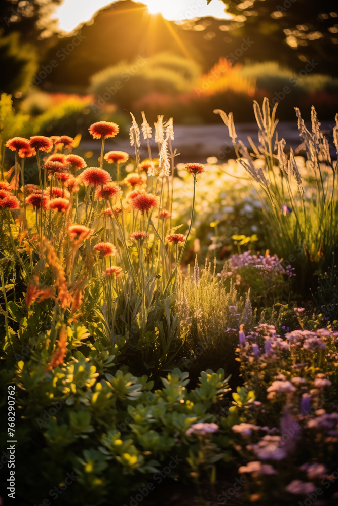 Sunset glow over vibrant garden, fiery orange blooms and soft lavenders, intimate nature beauty.
