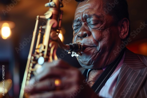 Close-up of a saxophone as it is played by a musician in a moody and atmospheric setting, capturing the essence of live jazz music