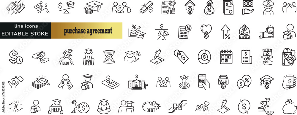 Set of linear power purchase agreement icons. Thin outline icons pack. Vector illustration