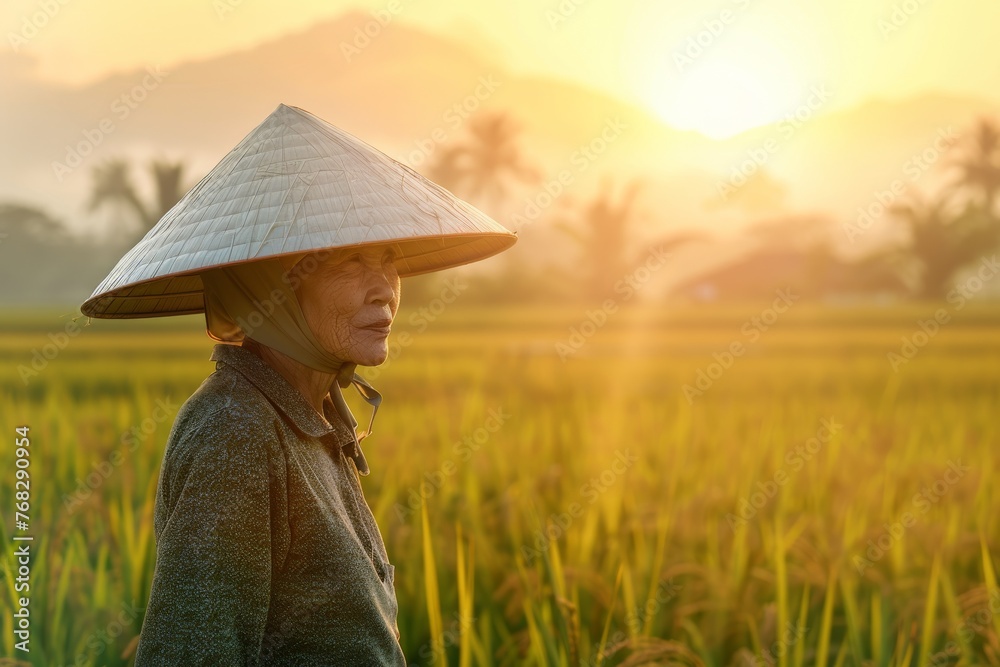 Obraz premium A farmer wears a conical hat while standing amidst the rice fields as the sun sets, creating a serene scene
