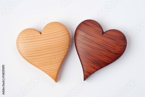 Two wooden hearts, one light and one dark, on a clean white background, representing love and harmony. Wooden Hearts on White Isolated Background