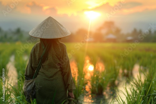 A woman wearing a traditional conical hat stands in a rice field with the sun setting behind her, depicting rural life © ChaoticMind
