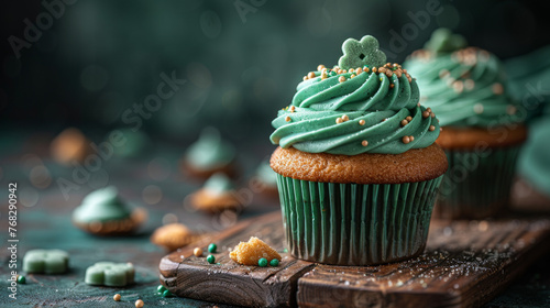 An exquisite chocolate cupcake with blue icing sprinkled with golden beads, set on a rustic backdrop