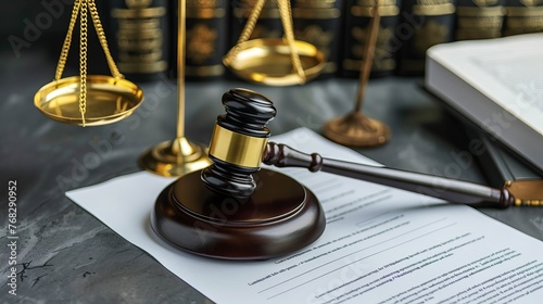 A gavel next to a sealed document and scales illustrates the legal statement concept, emphasizing legal protection and jurisprudence