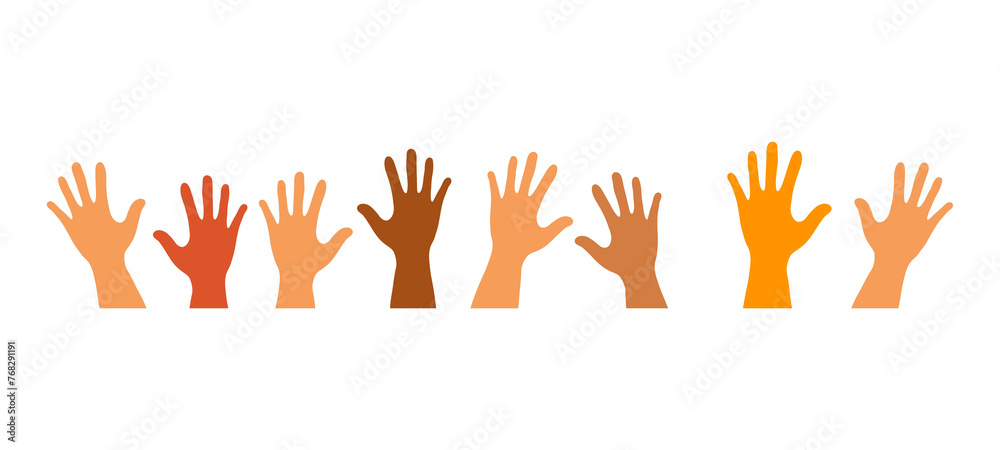 Raised hands. Teamwork, collaboration, voting, volunteering concert. Applause hand drawn. Vector illustration transparent background 