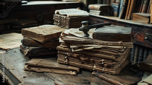 A judge's table holds a group of dusty files and a prominently focused hammer, illustrating the backlog of old cases awaiting judgment photo