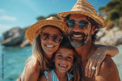 Happy Tourist Family on Summer Holiday Vacation on the Beach by the Ocean with Sunglasses