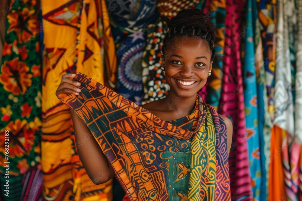 A radiant young African woman posing with a multicolored traditional textile, exuding happiness