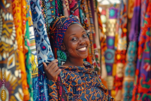 A cheerful African woman standing amidst colorful African textiles, smiling brightly