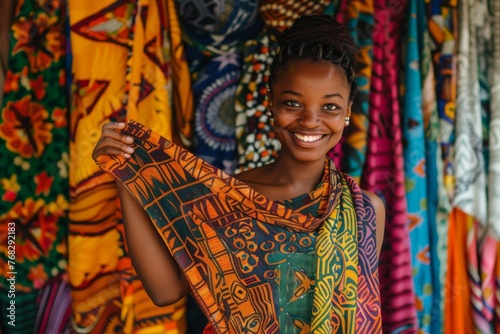 A radiant young African woman posing with a multicolored traditional textile, exuding happiness