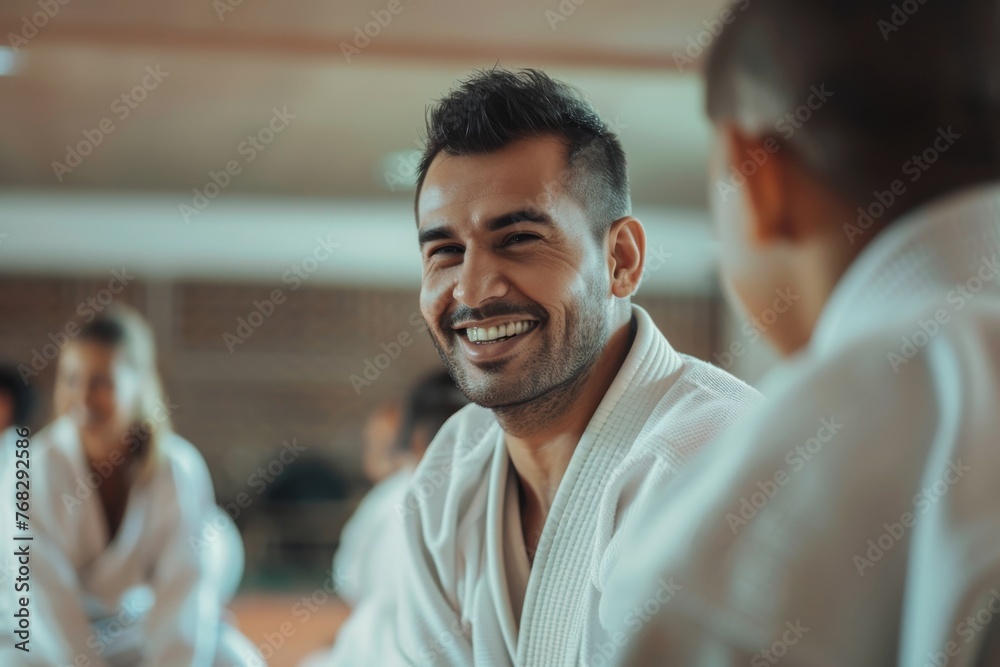Smiling male martial arts instructor engaging with students in a bright dojo