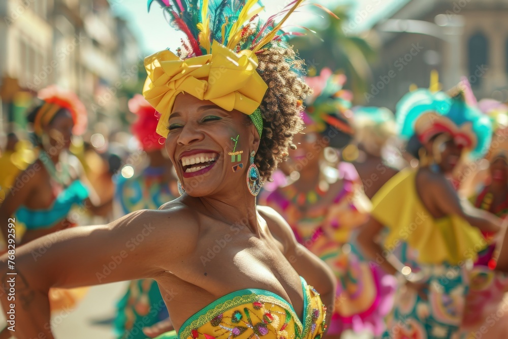 Beautiful woman wearing a carnival costume with a big smile and festive headwear Beautiful woman wearing a carnival costume with a big smile and festive headwear
