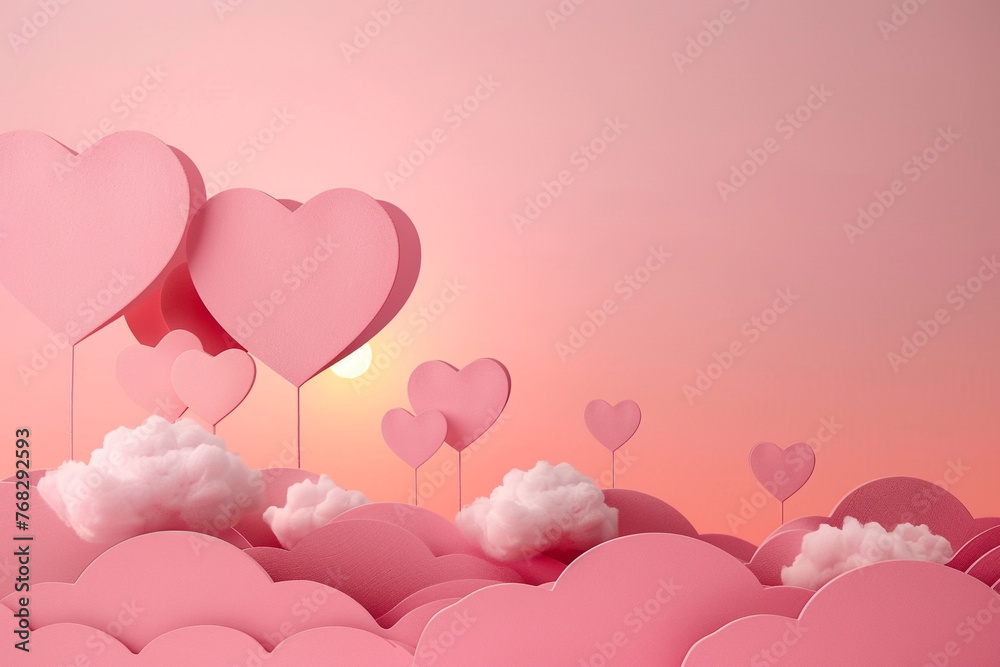 Valentine's Day illustration with paper hearts against a pink sky.