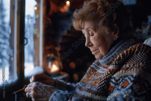 The peaceful setting emphasizes the intricate craft of knitting, with the focus on the hands, against a backdrop of warm light