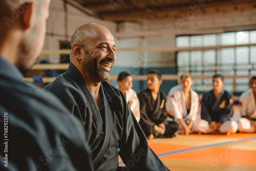 High-quality image featuring a group of martial artists sitting in a row inside a dojo, demonstrating respect and discipline photo