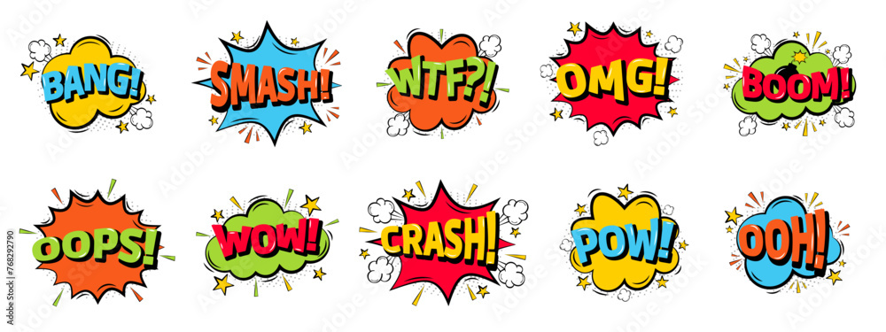 Emotions for comics speech bubble, set with text: Bang and Smash, Wtf and Omg, Boom and more. Vector cartoon explosions with different emotions isolated on white background. Emotions for comics speech bubble, set with text: Bang and Smash, Wtf and Omg, Boom and more. Vector cartoon explosions with different emotions isolated on white background.