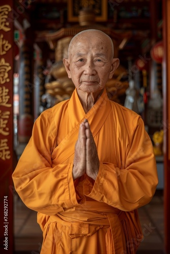 An elder monk in traditional orange robes stands praying in a temple setting