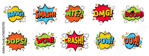 Emotions for comics speech bubble, set with text: Bang and Smash, Wtf and Omg, Boom and more. Vector cartoon explosions with different emotions isolated on white background.