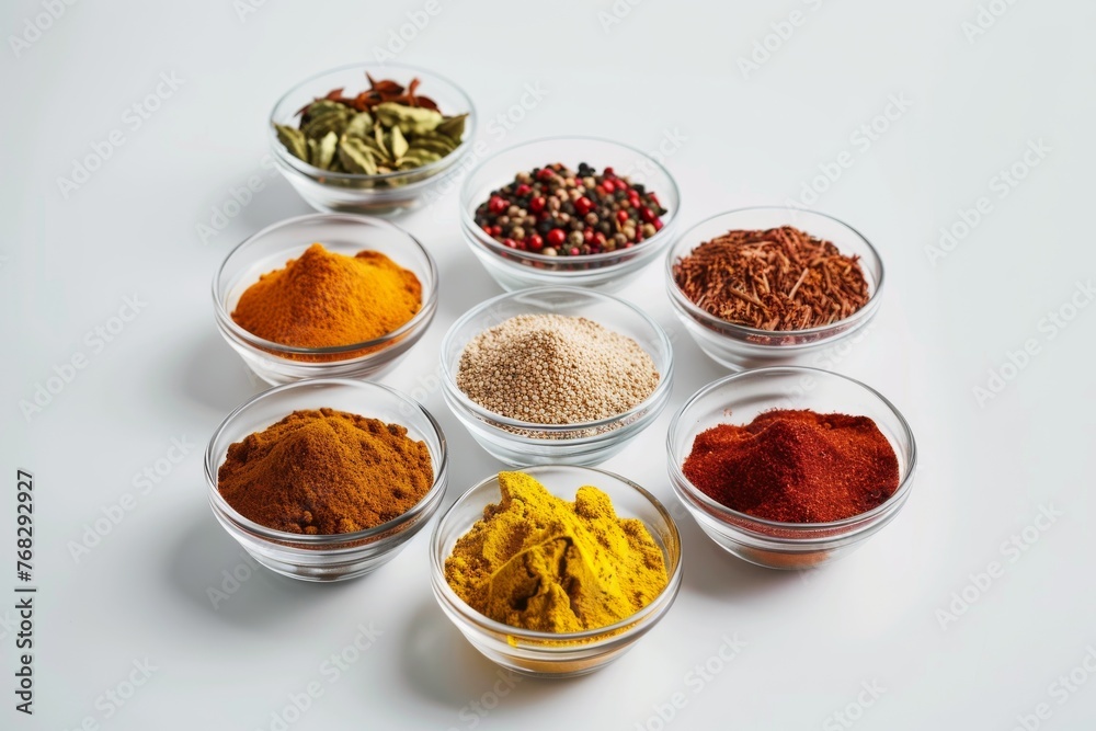 An array of vibrant, colorful spices and herbs presented in transparent glass bowls An array of vibrant, colorful spices and herbs presented in transparent glass bowls