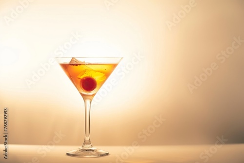 Warm lighting adds a cozy and inviting feel to this cocktail glass with an olive garnish