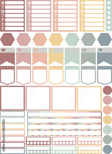 Earthy color palette, planner stickers sheet PNG with transparent background. Ideal to cut in Cricut, Silhouette or similar machines. Designed for classic Happy Planner size. 6.75 x 9.25 inches.