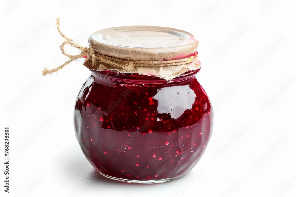 Homemade raspberry jam in a clear glass jar, adorned with rustic twine, embodying artisanal charm Homemade raspberry jam in a clear glass jar, adorned with rustic twine, embodying artisanal charm
