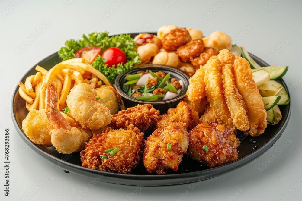 Golden and crispy fried seafood mixed with fries and fresh vegetables served with tangy dipping sauce Golden and crispy fried seafood mixed with fries and fresh vegetables served with tangy dipping sauce