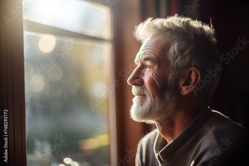 Senior man with a beaming smile looking out the window, feeling of hope and happiness, cozy indoor light.
