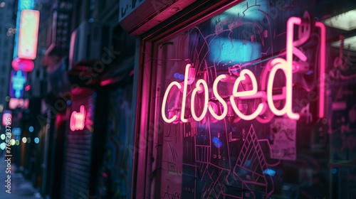 a neon sign that reads closed on a city street at night time