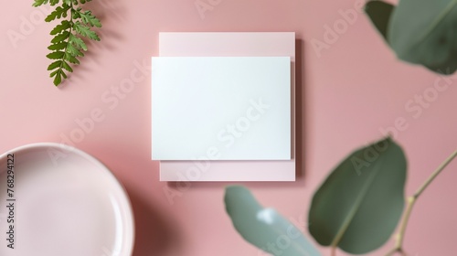 a white square card and a plant