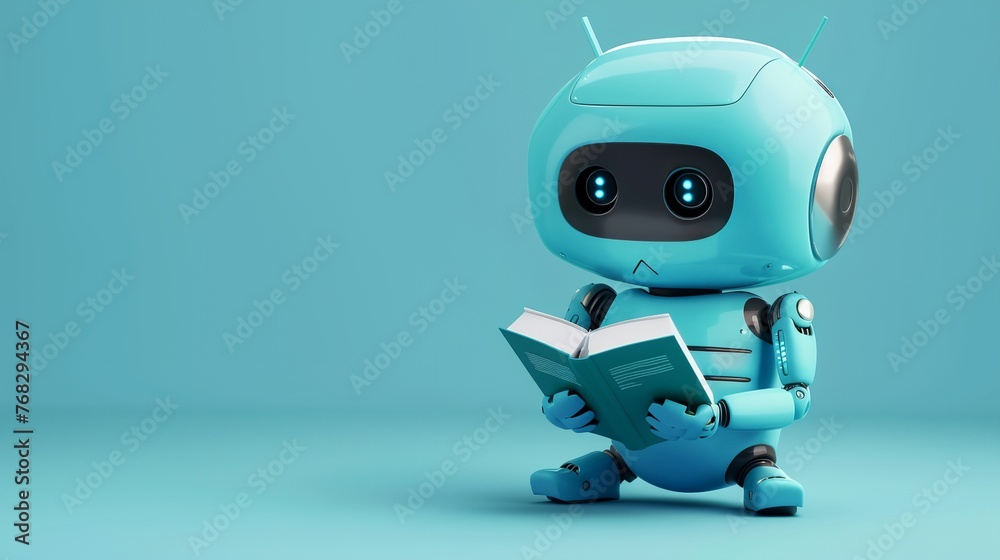 a robot reading a book on a blue background a robot reading a book on a blue background