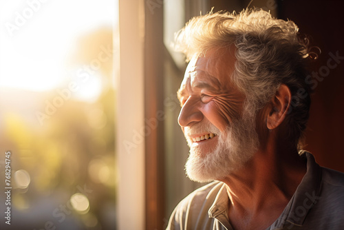 Happy elderly man in sunlight, radiant with joy, capturing a moment of pure contentment and warmth. photo