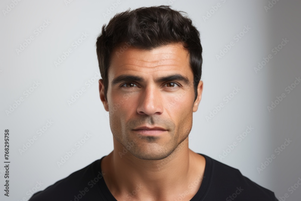 Portrait of a handsome man in black t-shirt on grey background Portrait of a handsome man in black t-shirt on grey background