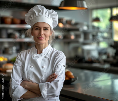 Portrait of a female chef standing with arms crossed in the kitchen 