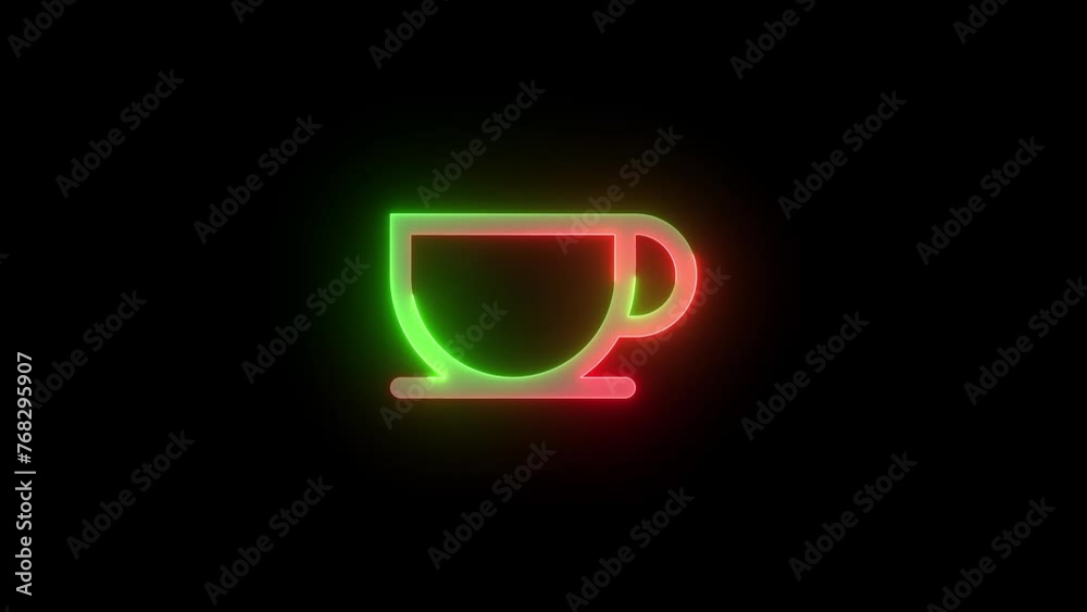 Neon cafe cup icon green red color glowing animation black background Neon cafe cup icon green red color glowing animation black background