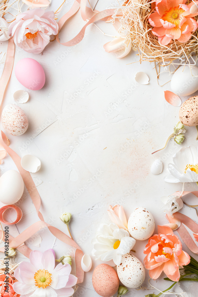 Frame with colored Easter eggs and spring flowers on light pastel background. Happy Easter concept. Simple spring template, greeting card, banner. Top view, flat lay with copy space Frame with colored Easter eggs and spring flowers on light pastel background. Happy Easter concept. Simple spring template, greeting card, banner. Top view, flat lay with copy space