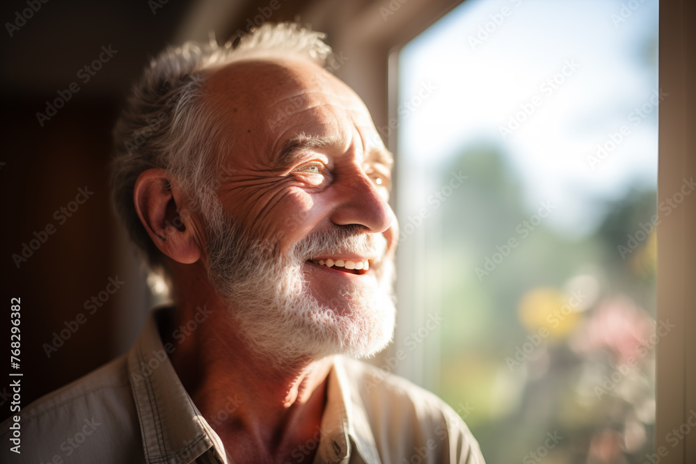 Senior man smiling warmly, indoor golden hour light, portrait of happiness and contented aging. Senior man smiling warmly, indoor golden hour light, portrait of happiness and contented aging.