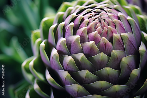 Artichoke close-up with exquisite purple accents, perfect for healthy lifestyle and culinary themes.