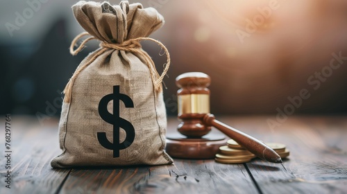 The concept of financial penalties for crimes and offenses is symbolized by a money bag and a judge's hammer, highlighting fines and penalizations photo