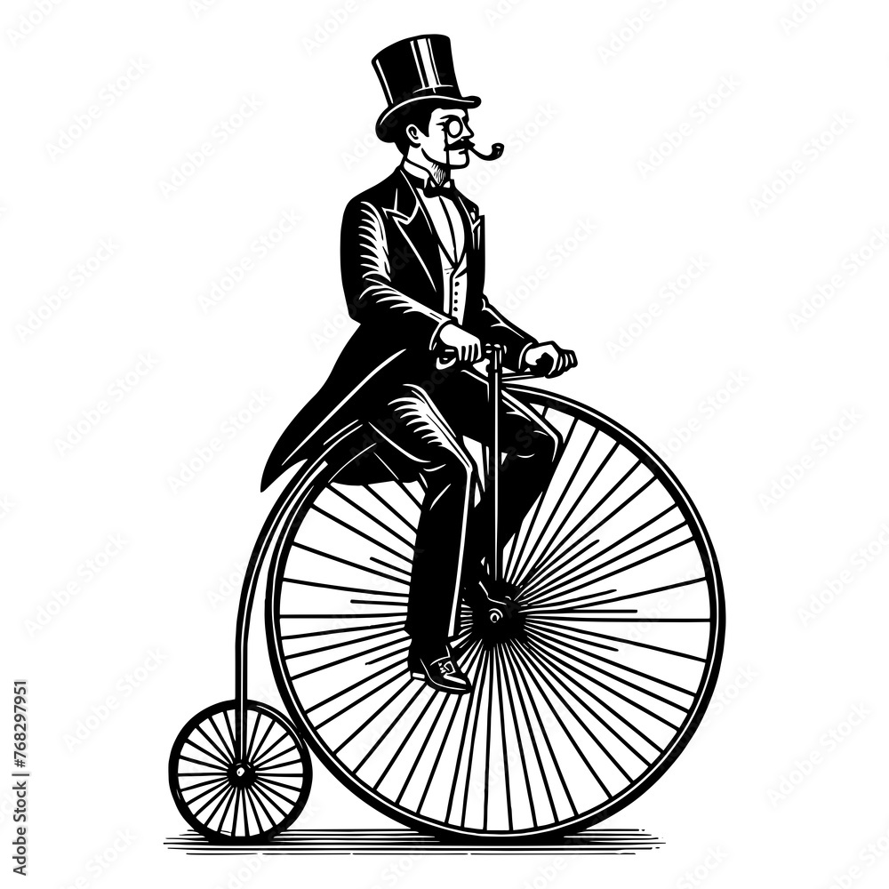 Naklejka premium old-fashioned gentleman on bicycle sketch PNG illustration with transparent background