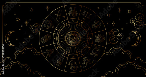 Astrology wheel with zodiac signs on star background. Realistic illustration of zodiac signs. Horoscope vector illustration