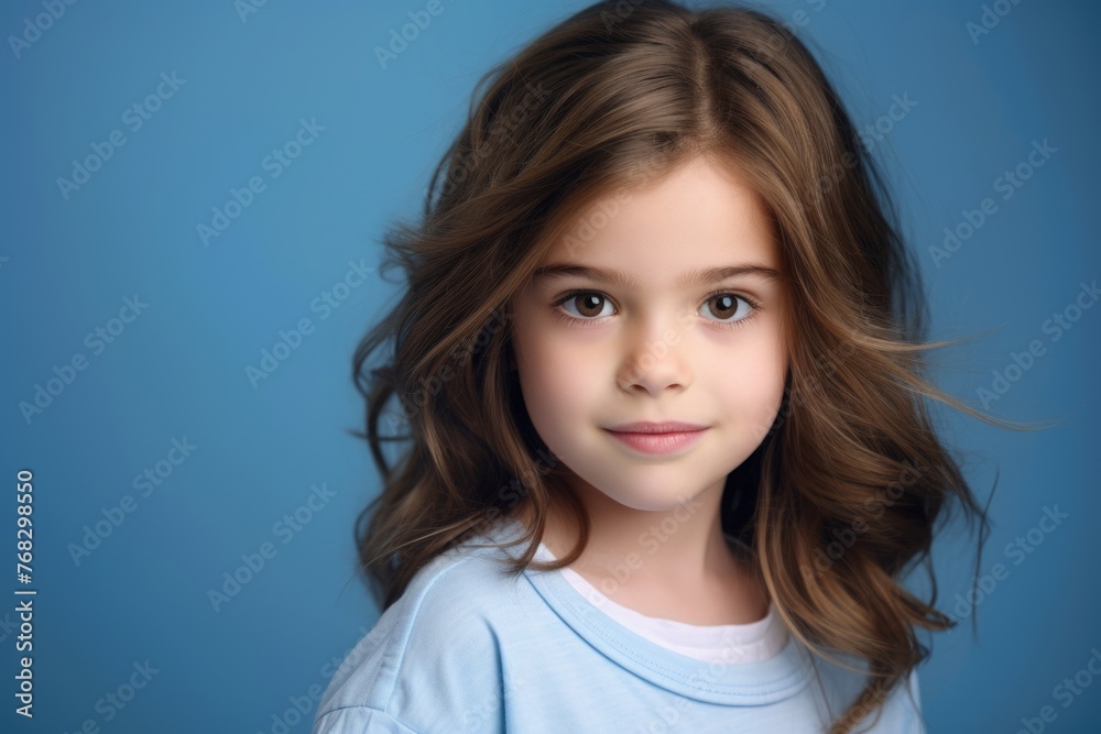 Portrait of a cute little girl with long hair on blue background Portrait of a cute little girl with long hair on blue background