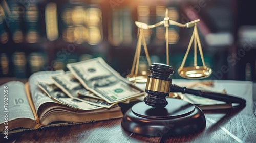 The conceptual image of a judge's gavel, scale of justice, dollars, and law book on a table illustrates financial legal consequences like bail and fraud photo