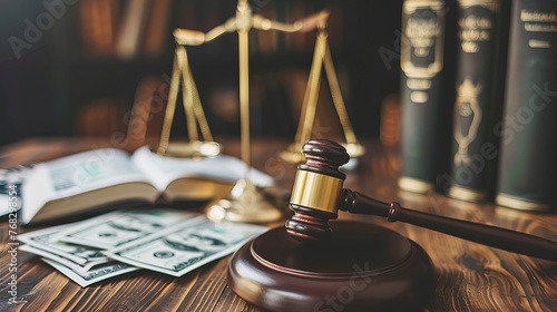 The conceptual image of a judge's gavel, scale of justice, dollars, and law book on a table illustrates financial legal consequences like bail and fraud