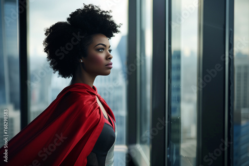 Black business woman with super hero cape in office looking out window
